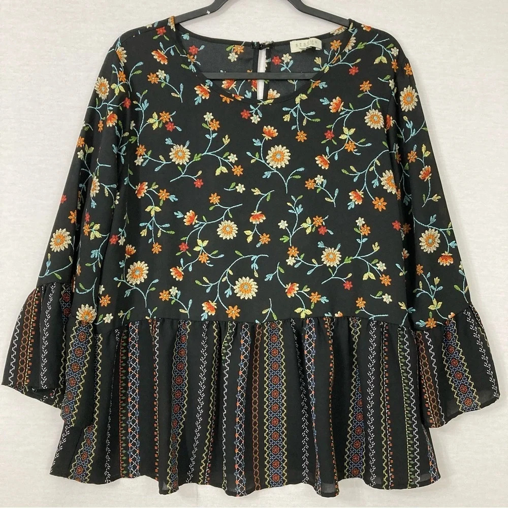 Status by Chenault Floral Soft‎ Lightweight Boho Round Neck Blouse XL